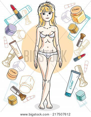 Attractive young blonde woman in underwear standing on colorful background with cosmetic accessories. Vector human illustration.