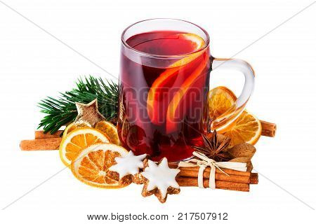 Christmas punch with spices on white. Cup of Mulled wine isolated on white with clipping path