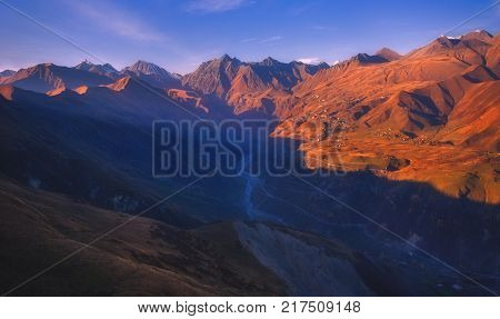 caucasus, georgian mountains beautiful autumn evening valley