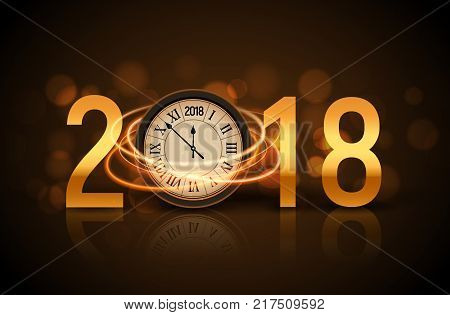 2018 new year shining background with clock. Happy new year 2018 celebration decoration poster, festive card template.