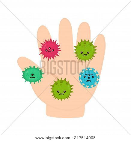 Cute angry evil bad fly germ virus infection,micro bacteria on child hand.Vector modern flat style cartoon character illustration.Isolated on white background.hygiene concept
