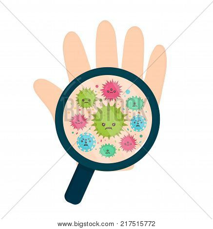 Cute angry evil bad fly germ virus infection,micro bacteria under a magnifying glass on child hand.Vector modern flat style cartoon character illustration.Isolated on white background.hygiene concept