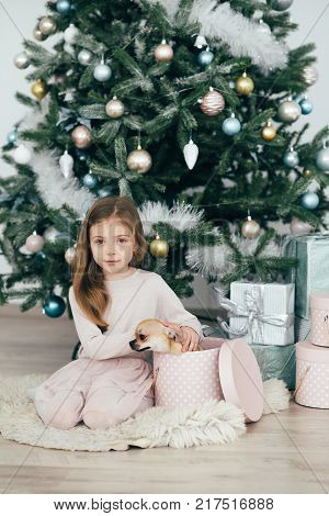 The girl sits at the tree and looks at the gifts. New Year holidays. The time to realize dreams. A gift in the box. New Year's Symbol