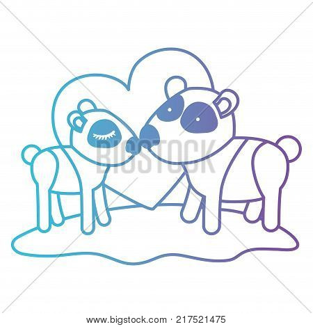 pandas couple over grass in degraded blue to purple color contour with heart in background vector illustration