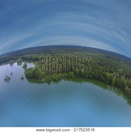 pond and blue sky - aerial view