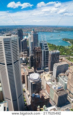 Aerial view of Sydney CBD and Sydney Harbour with Mosman suburb in the distance. Sydney Australia