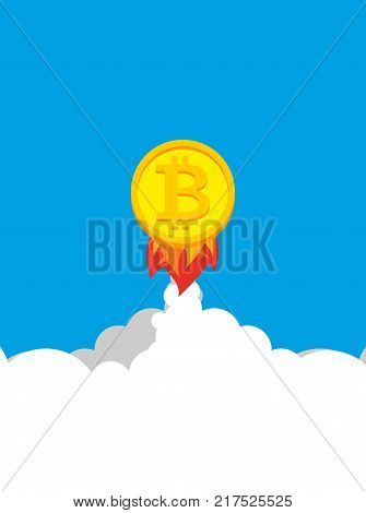 Bitcoin rocket. Growth of  price of crypto currency. Witcher illustration