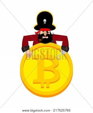 Web Pirate and bitcoin. Hacker. Thief and crypto currency. Steal virtual money. Vector illustration