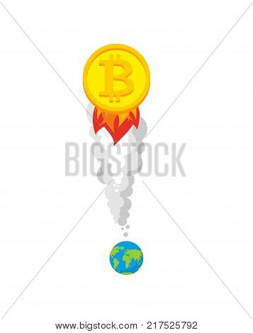 Bitcoin rocket. Growth of  price of crypto currency. Witcher illustration