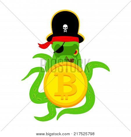 Octopus Web Pirate and bitcoin. Hacker. Thief and crypto currency. Steal virtual money. Vector illustration