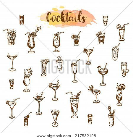 Cocktail icons. Hand drawn cocktails set. Sketch of alcohol drink in different glass isolated on white background. Vector illustaration for bar menu.