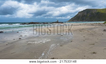 Beach on Lofoten in Unstad, Norway. Best place for Arctic surfing
