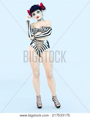 3D sexy girl doll big blue eyes and bright makeup. Woman retro style black shorts. High heel. Bow dark hair. Conceptual fashion art. Seductive candid pose. Realistic render illustration.