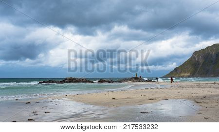 Beach on Lofoten in Unstad, Norway. Best place for Arctic surfing