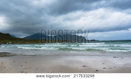 Beach on Lofoten in Unstad, Norway. Best place for Arctic surfing