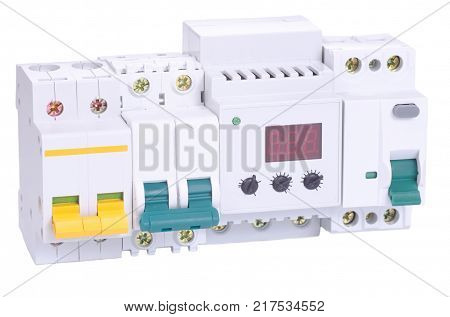 Various miniature circuit breakers on white background.