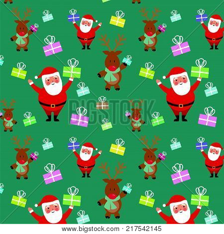 Christmas holiday  pattern with santa and reindeer giving gifts. Hand drawing vector illustration
