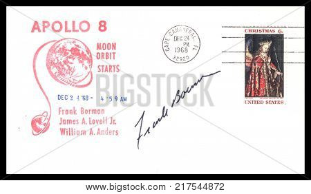 USA - CIRCA December 24th1968 Christmas Eve : Nasa, US postal service first day cover with hand written signature  of Frank Borman,  commemorating: Apollo 8 spaceship  Project. 
