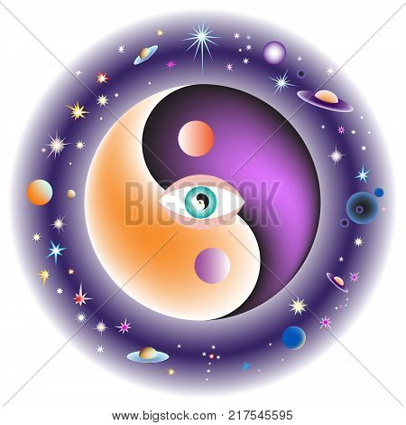 All seeing eye in the center of the universe. Esoteric Yin and Yang decorative symbol. Vector illustration EPS-8.
