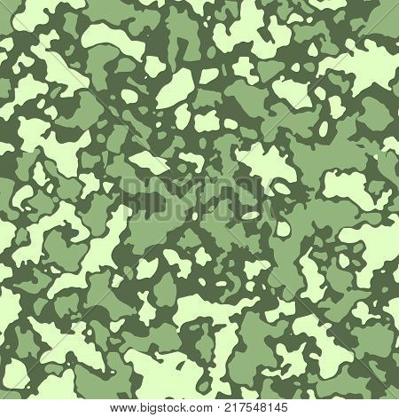 Seamless camouflage pattern with mosaic of abstract stains. Military and army camo background in green or khaki shade.