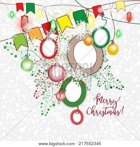 Christmas decorations. Vector set of decorative elements. New Year background. Frames, decrations, flags and snowflakes.