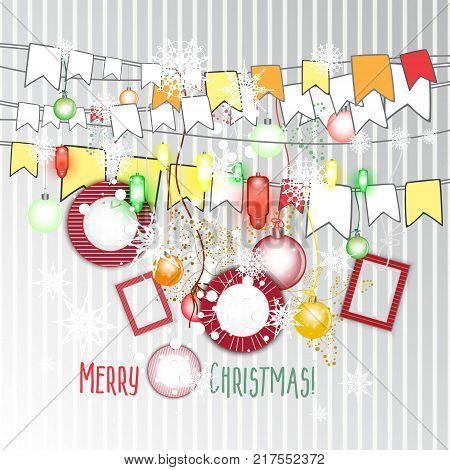 Christmas decorations. Vector set of decorative elements. New Year background. Frames, decrations, flags and snowflakes.