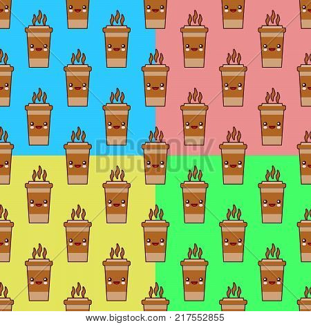 Seamless pattern set with coffee cup cute kawaii characters on colors backgrounds. Flat design  Illustration