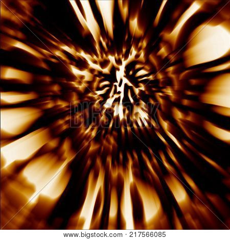 Decayed head of zombie. Wall in genre of horror. Demon character blurred face illustration. Blur effect. Cover in orange color.