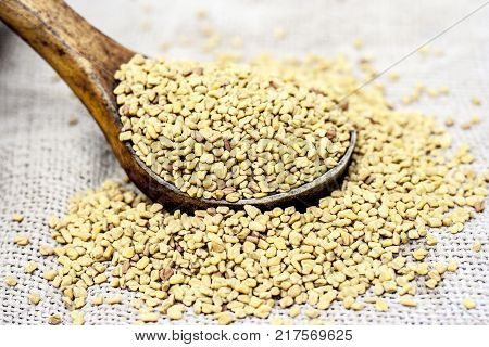 Fenugreek Seeds In A Wooden Scoop On A Gunny Background.