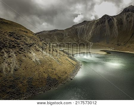 Panoramic view of Volcano Nevada de Toluca with lakes inside crater in Mexico