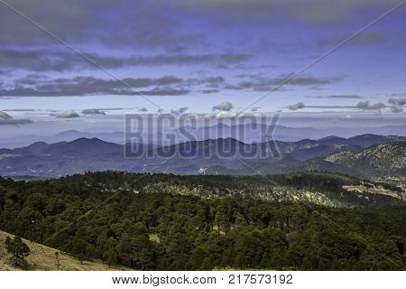 Panoramic view of Volcano Nevada de Toluca with lakes inside crater in Mexico
