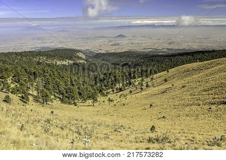 Panoramic view of Volcano Nevada de Toluca with lakes inside crater in Mexico