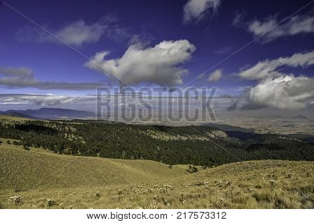 Panoramic view of Volcano Nevada de Toluca with lakes inside crater in Mexico