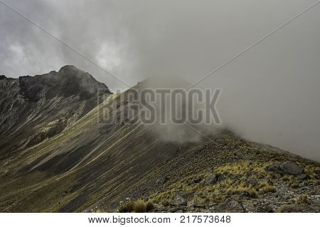 Panoramic view of Volcano Nevada de Toluca with lakes inside crater in Mexico
