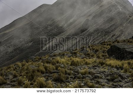 Panoramic view of Volcano Nevada de Toluca with lakes inside crater in Mexico
