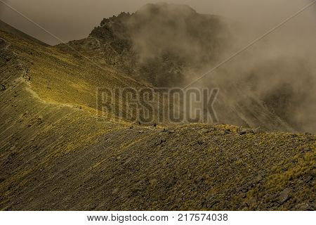 Panoramic view of Volcano Nevada de Toluca with lakes inside crater in Mexico