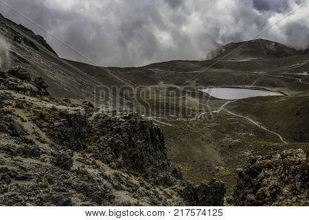 Panoramic view of Volcano Nevada de Toluca with lakes inside crater in Mexico