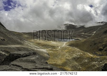 Panoramic view of Volcano Nevada de Toluca with lakes inside crater in Mexico