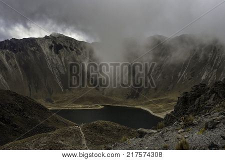 Panoramic view of Volcano Nevada de Toluca with lakes inside crater in Mexico