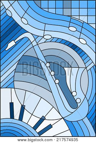 Illustration in stained glass style on the subject of music the shape of an abstract saxophone on geometric backgroundblue tone