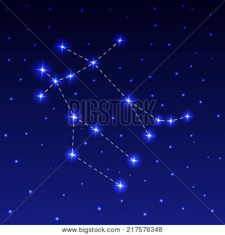 The Constellation Gemini in the night starry sky. Vector illustration of the concept of astronomy