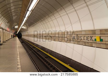 PRAGUE - DECEMBER 29 2016: Mustek underground station with empty platform