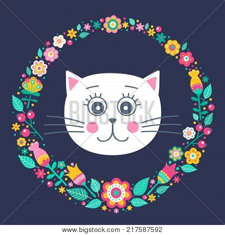 Cute cat. Vector card with hand drawn kitten face and floral wreath. Brightl colors - yellow pink white green. Illustration in flat style. Isolated. On black background.