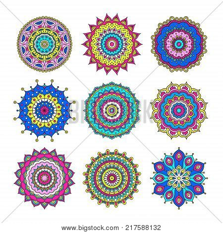 Set of colorful doodle mandalas. Circle lace ornament. Vector hand drawn ethnic floral pattern. Abstract tribal flowers set. Bright color elements on white background.