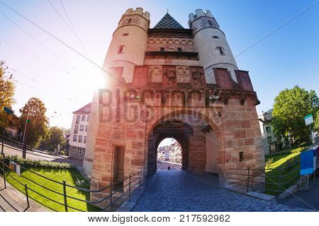 Beautiful view of historic city gate of Spalen in Basel, Switzerland
