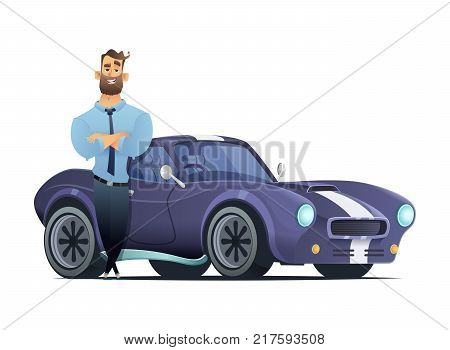 Successful man standing in front of a sports car. Seller or owner of a automobile. VCartoon style vector illutration
