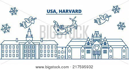 USA, Massachusetts, Harvard  winter city skyline. Merry Christmas and Happy New Year decorated banner. Winter greeting card with snow and Santa Claus. Flat, line vector, linear christmas illustration