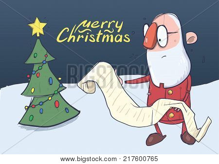 Christmas card of funny hatless Santa Claus in glasses reading a long scroll next to the Christmas tree. Vector character illustration.