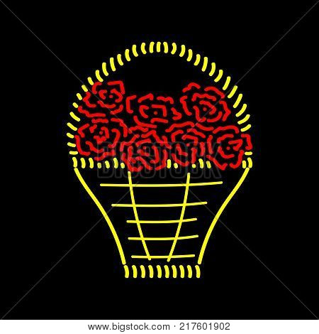 Basket with roses sign. Image of handmade weave. Color icon isolated on white background. Red seven roses in decorative wicker gold basket for gift. Logo for invitation. Stock vector illustration