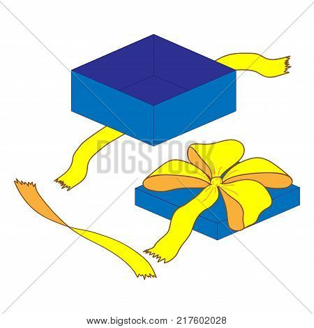 Open gift box with bow sign. Logo for holiday celebration. Image of elegant present. Beautiful colorful icon isolated on white background. Surprise symbol. Mark of decoration for gift. Stock vector